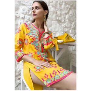 Debbie Katz Tunic M Top Dress Embroidered Resort Cruise Beach 100% Cotton